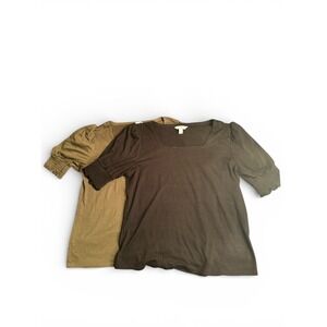 Womens Nine West Square Neck Puff Sleeve Tops 2pc Set Black & Green Casual